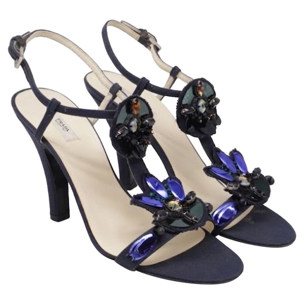 Prada Jewel-Embellished Ankle Strap Sandal Heels in Navy Blue Satin - Picture 3 of 9